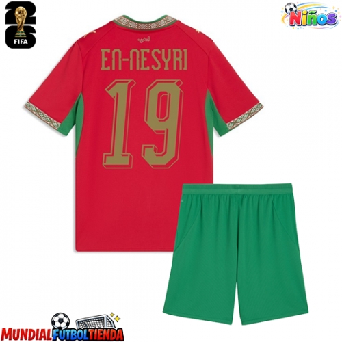Camiseta Marruecos Youssef En-Nesyri #19 Primera Equipación Replica Mundial 2026 para niños mangas cortas (+ Pantalones cortos)